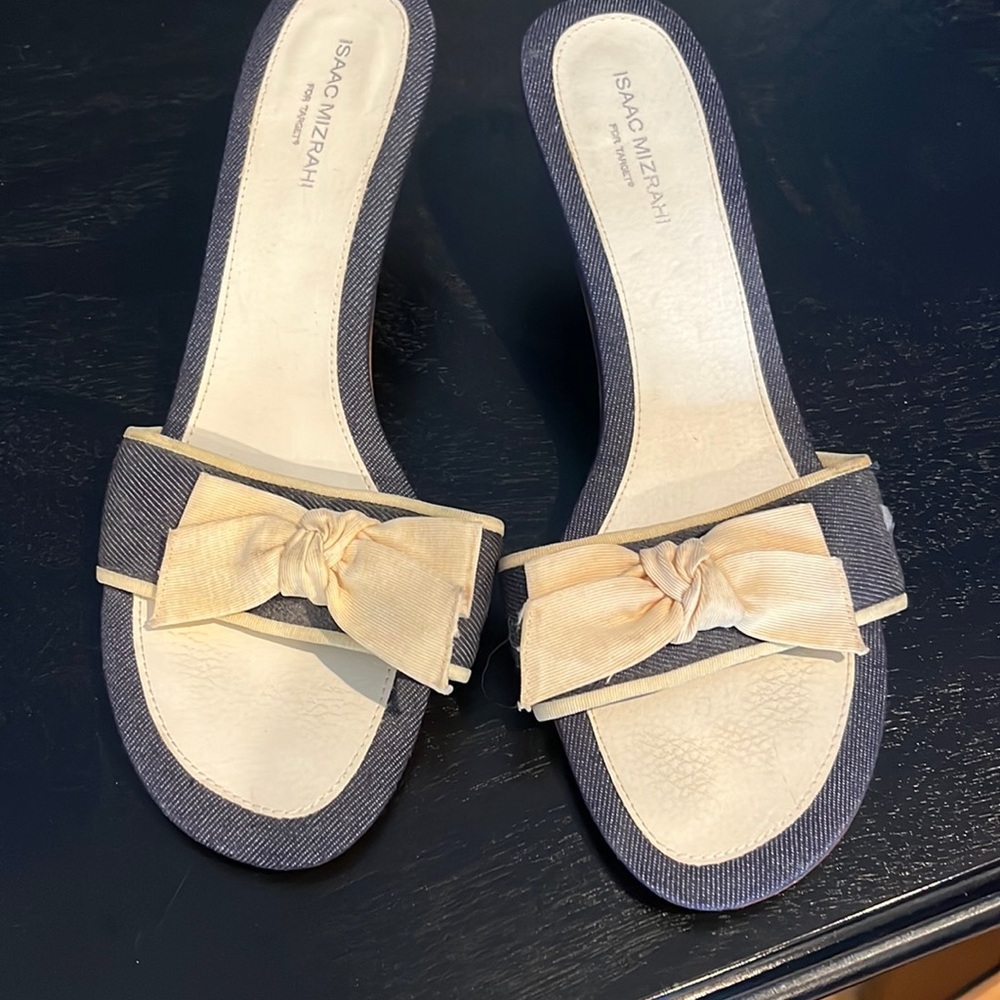 Denim with  cream bow slip on mules